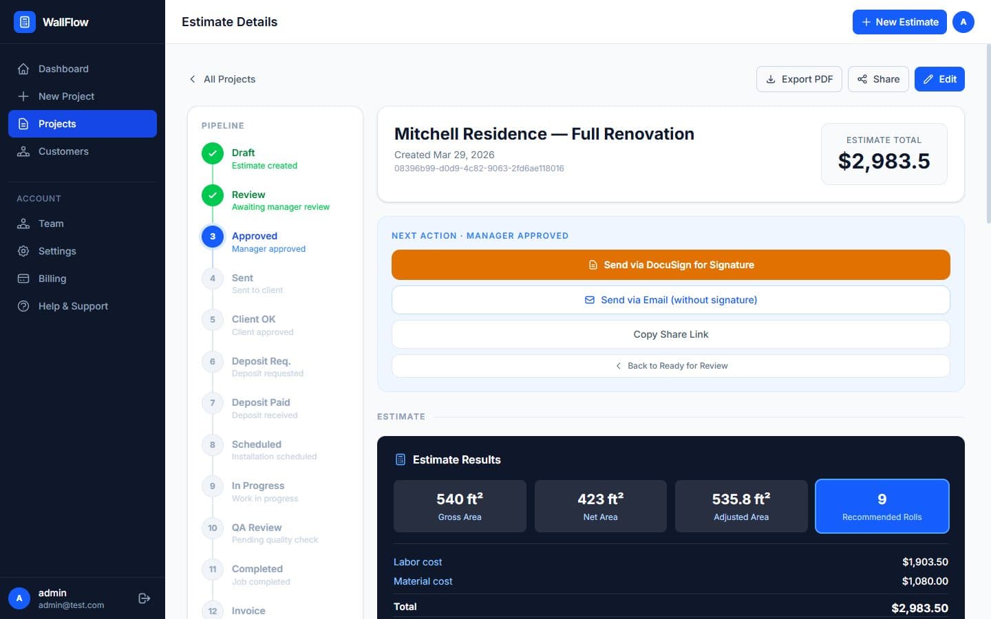 WallFlow CRM — real estimate pipeline screen