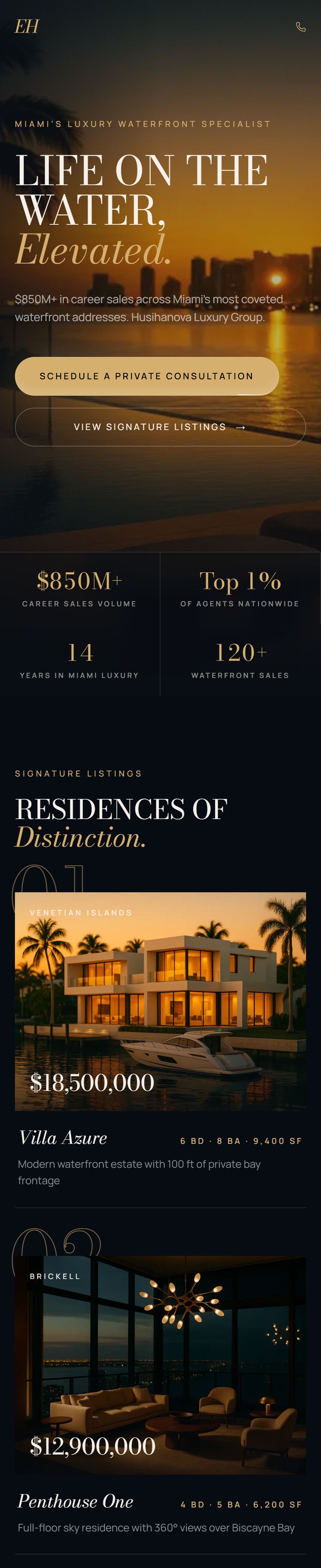 Live luxury realtor site Orium built, scrolling on a phone